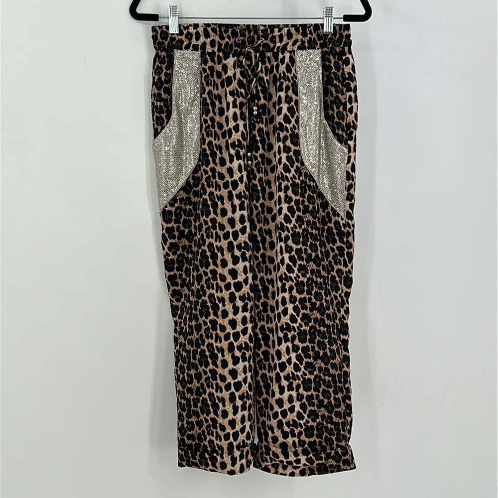 IXIAH Animal Print Cropped Cuffed Pants w/Sequin Pockets Size US 6